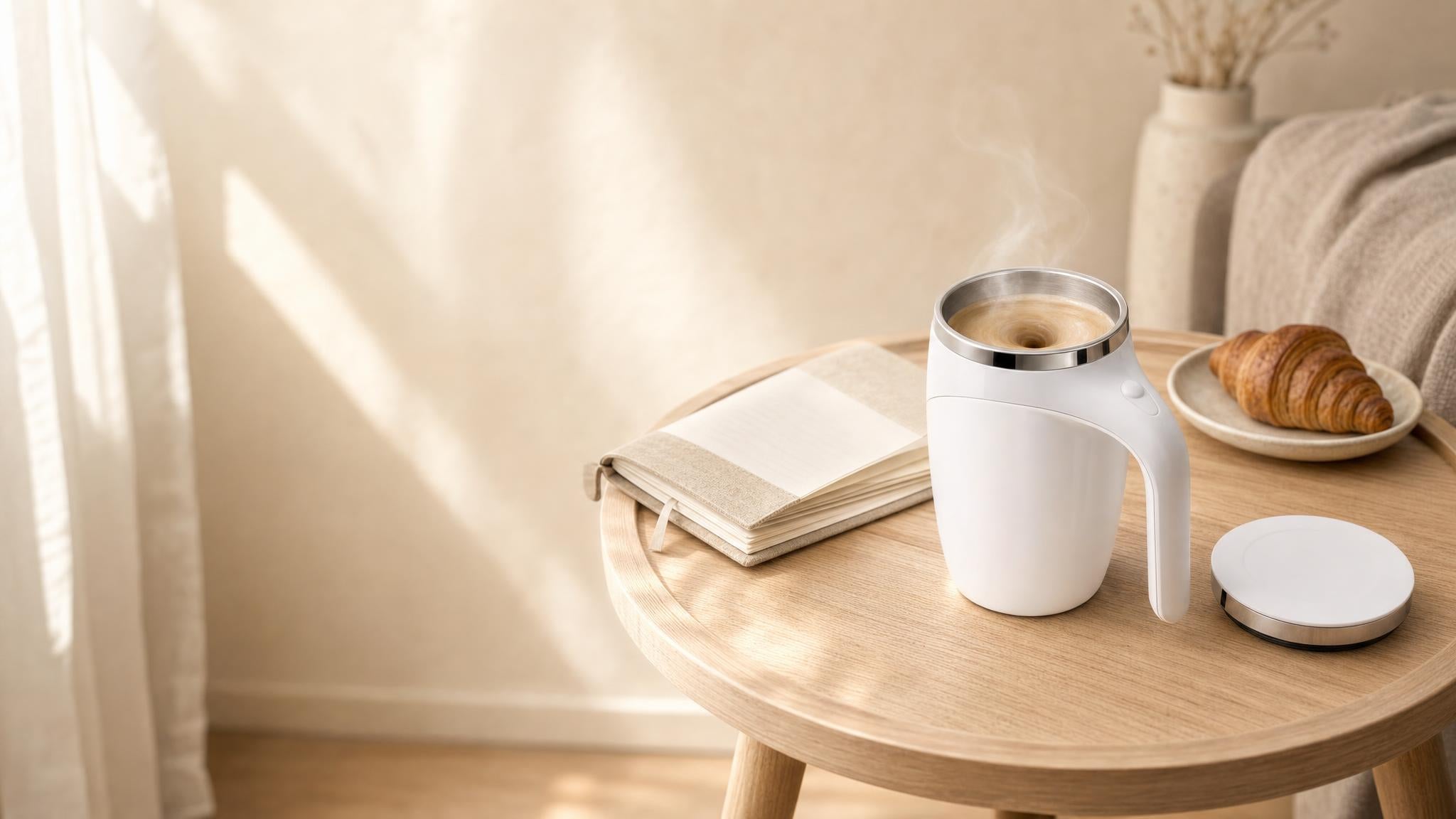 Taza Calma removiendo un café con leche sola sobre una mesa de madera